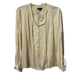 J. Crew Blouse Top Beige Medium Pleated Tie V Neck Balloon Sleeve NWT